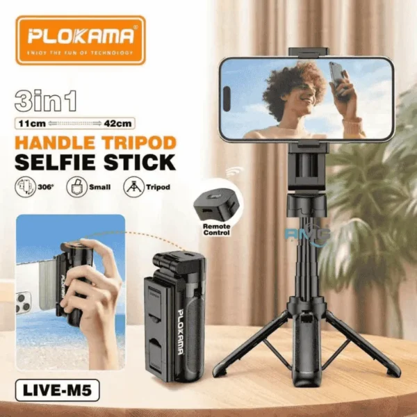 Plokama LIVE-M5 Pro 3in1 Handle Tripod Selfie Stick with LED Ring & Remote Control