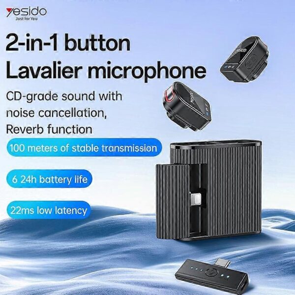 Yesido KR19 Wireless Mini Lavalier Microphone for Android & iPhone – Dual Mic, Noise Reduction, 2.4GHz