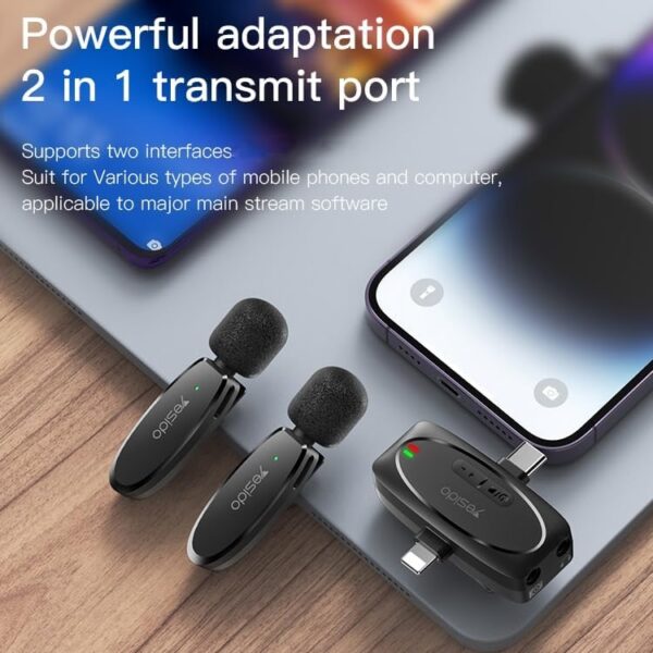 Yesido KR15 3-in-1 Wireless Lavalier Microphone – Lightning + Type-C + 3.5mm – 50m Range, AI Noise Reduction, Dual Mics