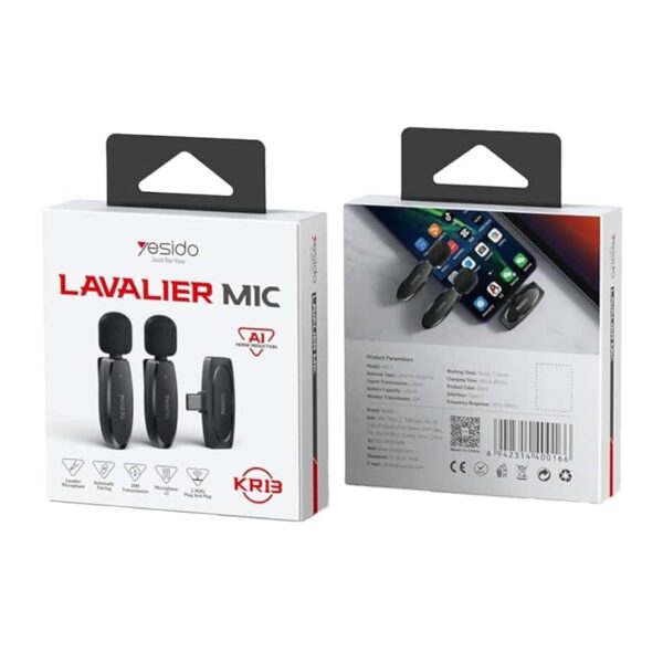 Yesido KR13 – Dual Wireless Lavalier Mic with AI Noise Cancellation, 20m Range