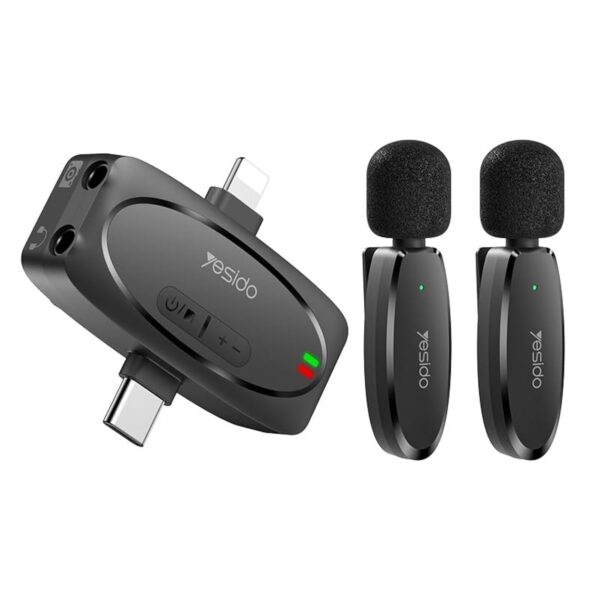 Yesido KR15 3-in-1 Wireless Lavalier Microphone – Lightning + Type-C + 3.5mm – 50m Range, AI Noise Reduction, Dual Mics