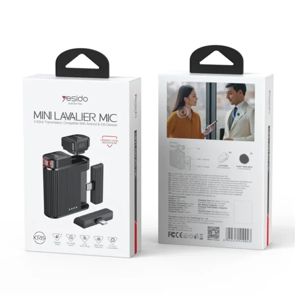 Yesido KR19 Wireless Mini Lavalier Microphone for Android & iPhone – Dual Mic, Noise Reduction, 2.4GHz