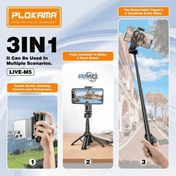 Plokama LIVE-M5 Pro 3in1 Handle Tripod Selfie Stick with LED Ring & Remote Control