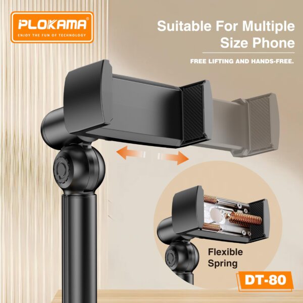 حامل موبايل مكتبي قابل للرفع PLOKAMA DT-80 – ارتفاع 22–37 سم ودوران 360° بقاعدة معدنية ثابتة