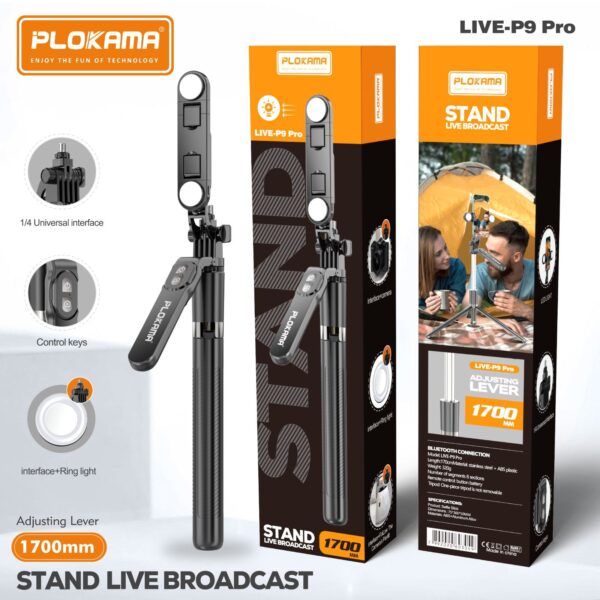 Plokama LIVE-P9 Pro Tripod Stand with LED Light & Bluetooth Remote – 1700mm |