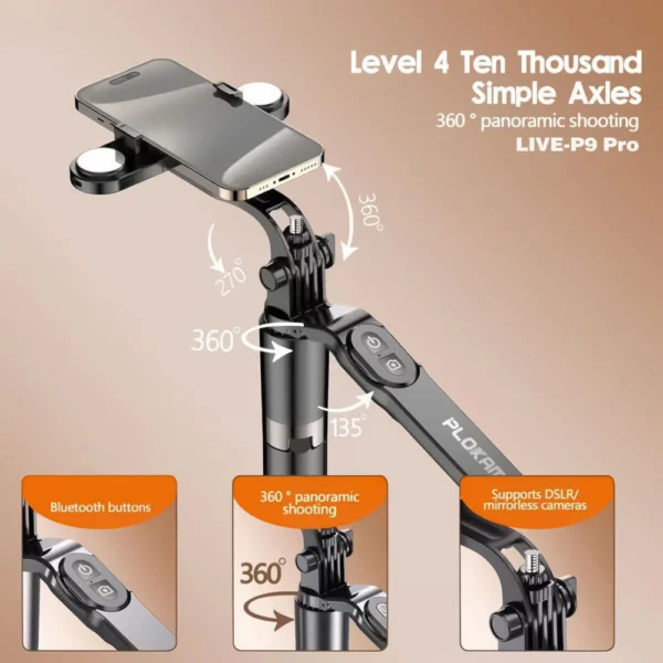 Plokama LIVE-P9 Pro Tripod Stand with LED Light & Bluetooth Remote – 1700mm |
