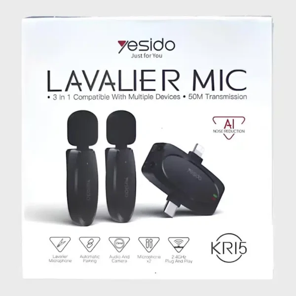 Yesido KR15 3-in-1 Wireless Lavalier Microphone – Lightning + Type-C + 3.5mm – 50m Range, AI Noise Reduction, Dual Mics