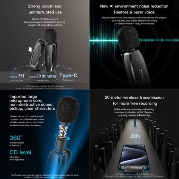 Yesido KR15 3-in-1 Wireless Lavalier Microphone – Lightning + Type-C + 3.5mm – 50m Range, AI Noise Reduction, Dual Mics